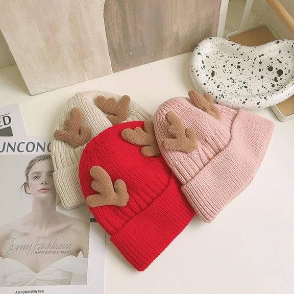 Raindrops Beige Knitted Reindeer Hat with Warm Antlers Christmas Cap Holiday Winter Headwear