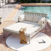 Outdoor Daybed, Patio Daybed with Four Pillows, Wooden Outdoor Bed with Curved Armrests for Poolside, Backyard, Garden, Gray Frame with Beige Cushion