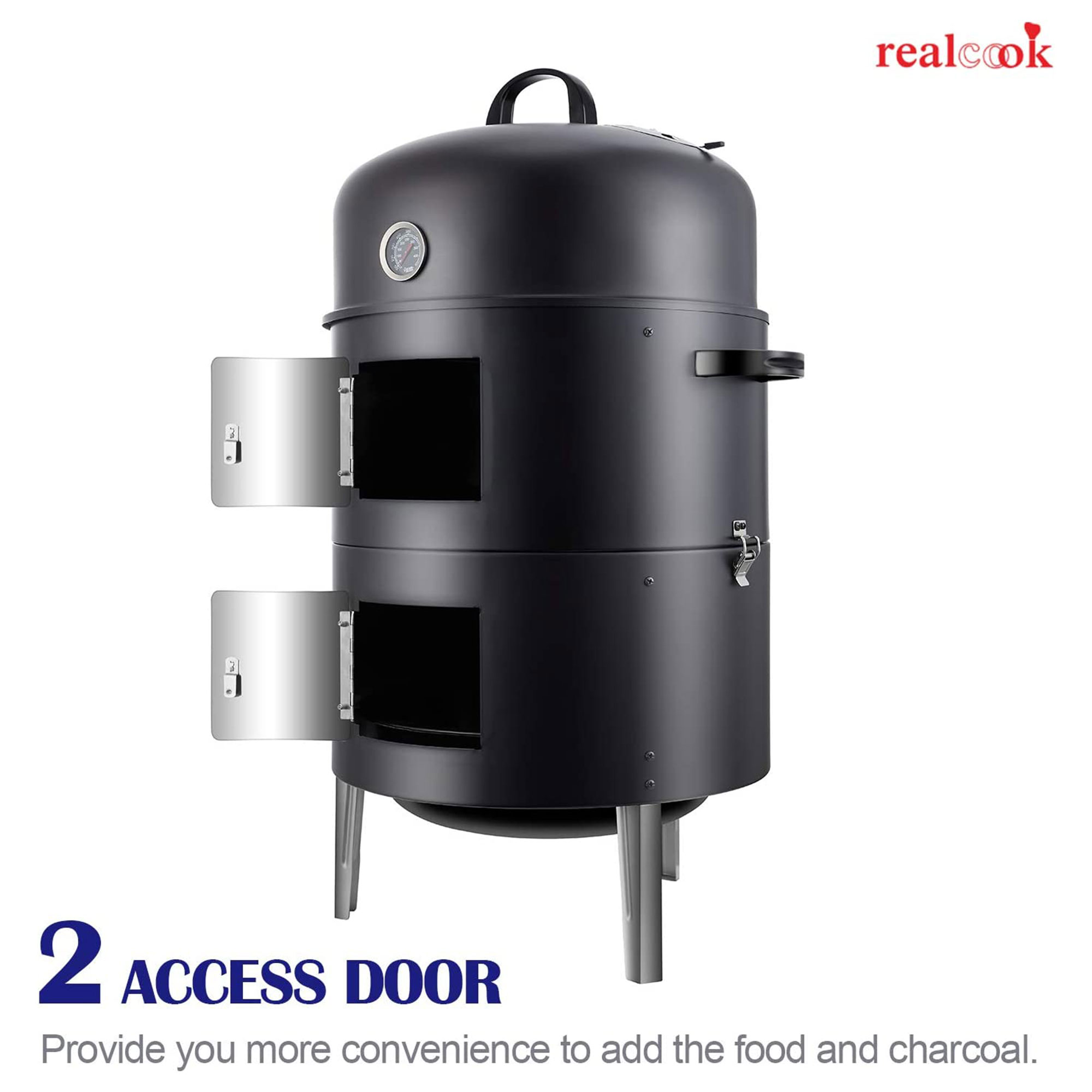 Realcook 17 inch Vertical Heavy Duty Steel Charcoal Outdoor Smoker, Black - image 5 of 9