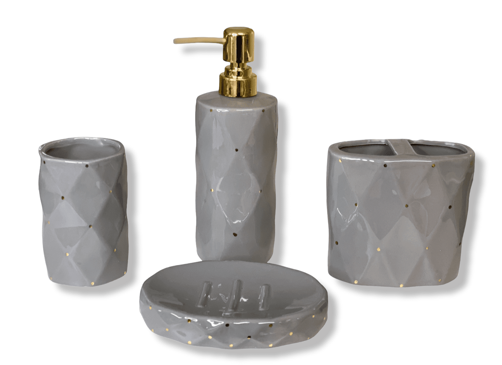 4Piece Ceramic Bathroom Accessory Set Geometric with Gold Dots