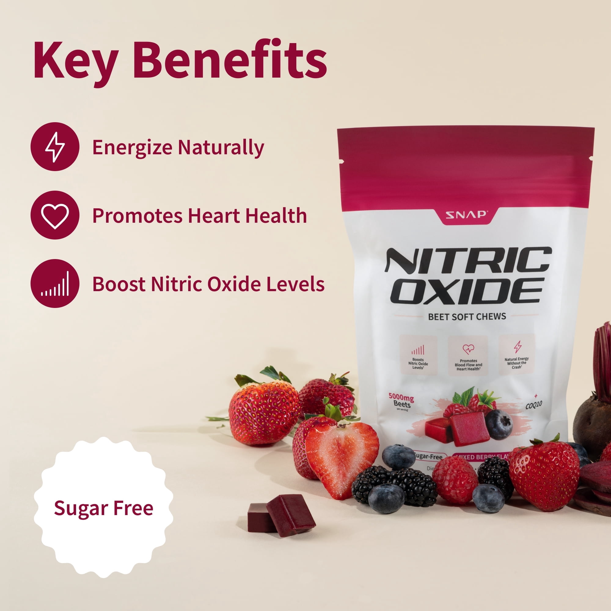 Snap Supplements Nitric Oxide Beet Chews, 60 Soft Chews, Sugar-Free, Blood Pressure Support 2 pack