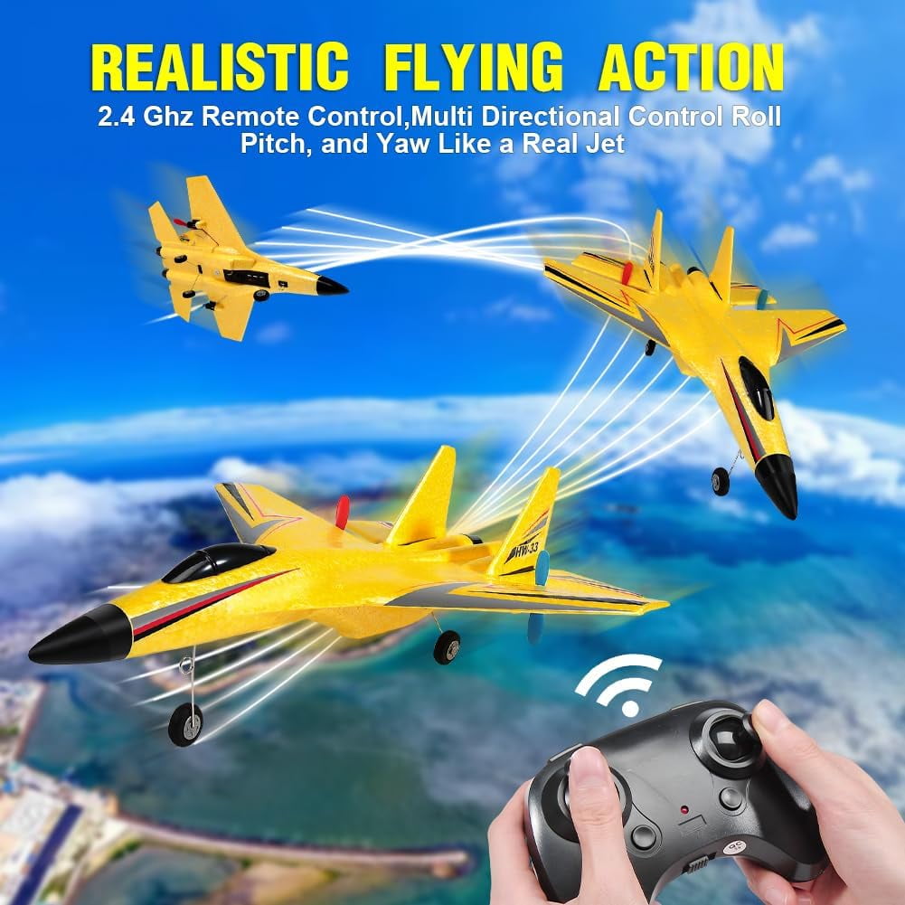 Oenbopo RC Planes,SU-27 RC Airplane,2.4GHz 2 Channel Remote Control Plane with Gyro Night Lights and 2 Batteries, Easy to Fly for Adults, Beginners and Kids,Yellow