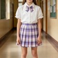 thumbnail image 2 of Coerni Girls Preppy Outfit 3PC Set Puff Sleeve Collared Shirt with Bowtie & Plaid Pleated Skirt School Uniform Clothes for 3-14Y Kids, 2 of 5