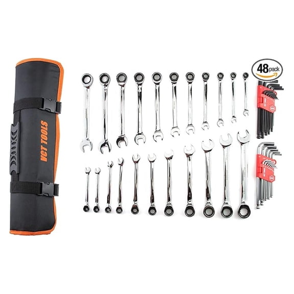 48PC Ratcheting Combination Wrench Set SAE & Metric 1/4″-3/4″ & 6-18mm, Hex/Allen Wrench Set, Vanadium Steel with Case