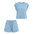 thumbnail image 4 of Girls 2 Piece Outfits Set Solid Color Round Neck Short Sleeve Top and Drawstring Shorts Set Summer Casual Loungewear Comfortable Clothing Sets with Pockets, 4 of 9