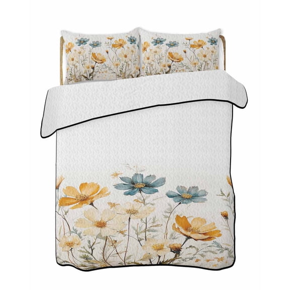 Yellow Blue Spring Floral Summer Quilt Set Twin Size,Soft Microfiber Quilted Bedding Set with 2 Pillow Shams,Watercolor Summer Botanical Lightweight All Season Bedspread Coverlet for Bedroom 68"x86"