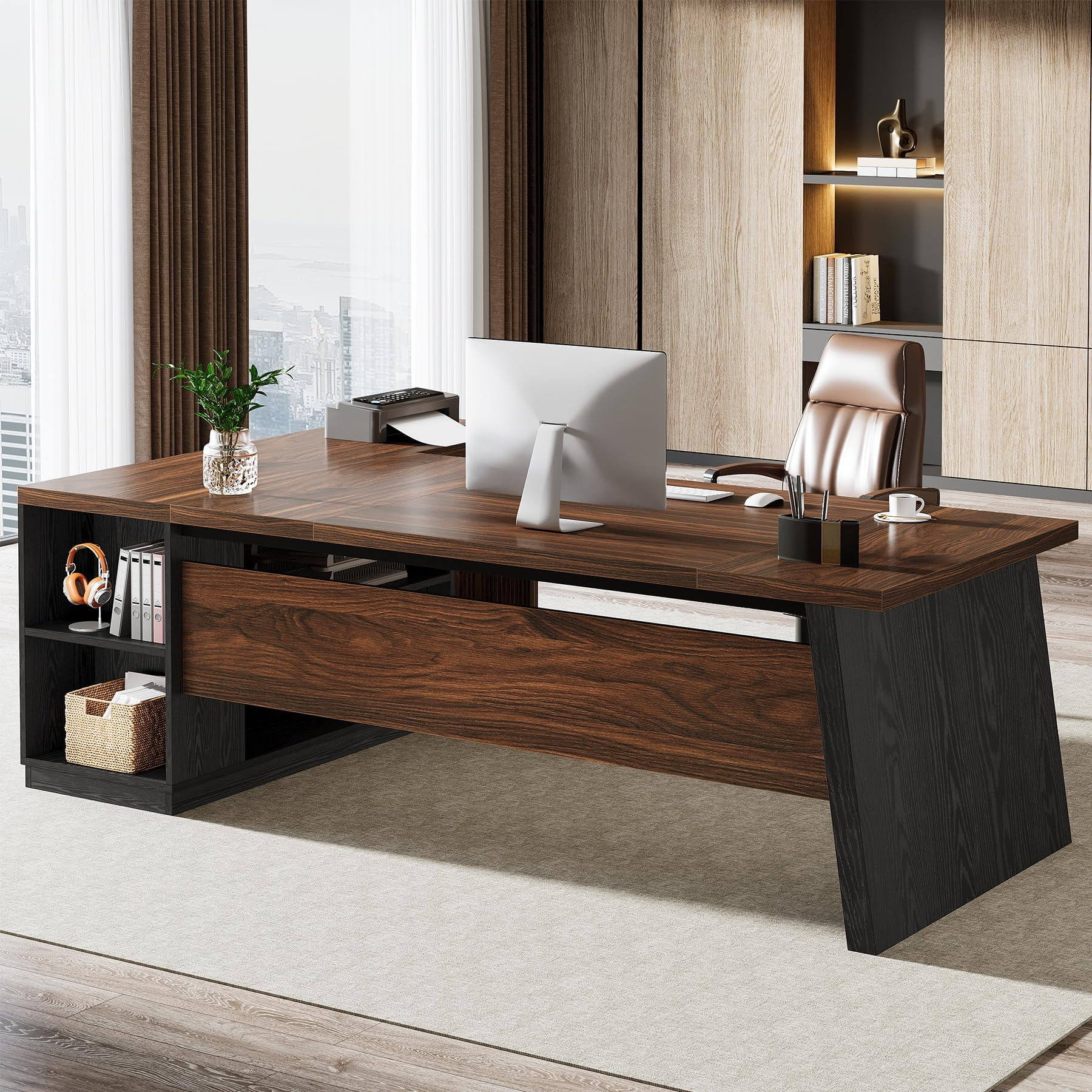 Tribesigns 78" L Shaped Executive Desk with Drawers, Large Office Computer Desk with Shelves, Modern Corner Table for Home Office (Black & Brown)