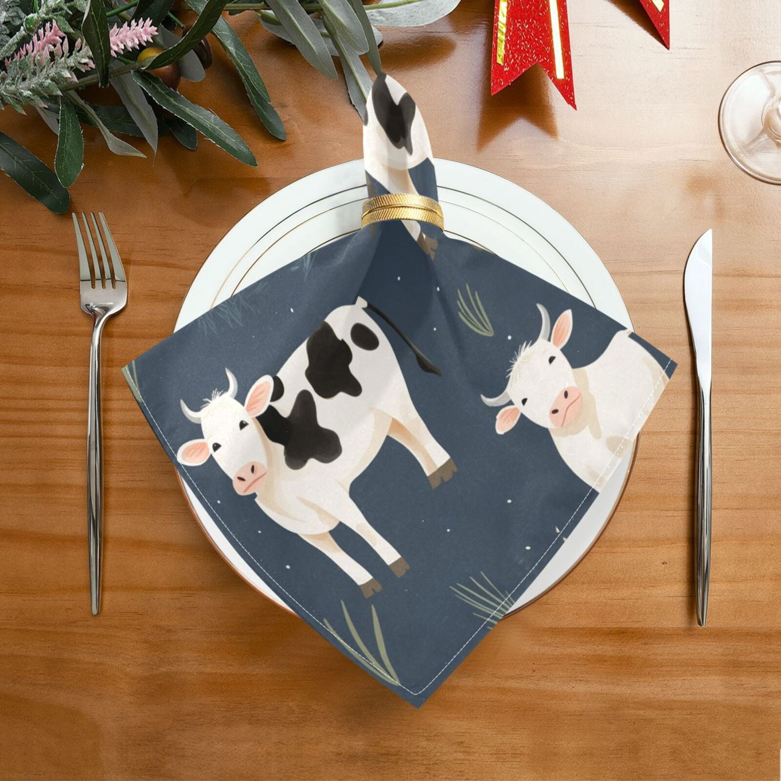 JSTEL Cute Cow Cloth Napkins Set of 6, 20x20 Inch Washable and Reusable Napkin for Decoupage Dinner Party Everyday Use