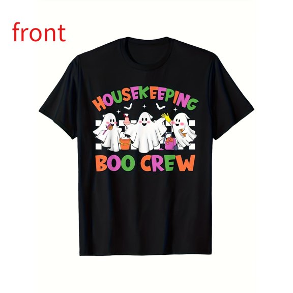 Casual Boo Crew Tee Housekeeping Ghost Graphic Cleaning Top Short Sleeve Round Neck Black S-5XL