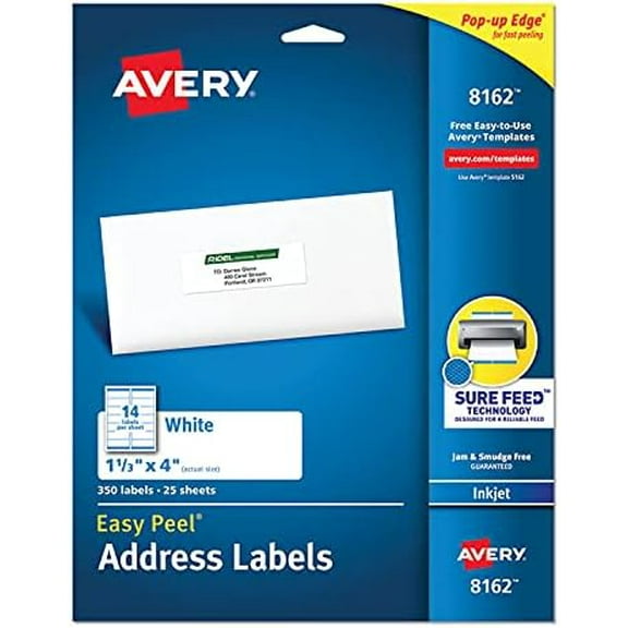 Easy Peel White Address Labels w/Sure Feed Technology, Inkjet Printers, 1.33 x 4, White, 14/Sheet, 25 Sheets/Pack