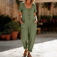 thumbnail image 2 of Women's Cotton Linen Solid‑Color Short‑Sleeve Jumpsuit U‑Neck Button‑Front Loose Baggy One‑Piece Pants with Side Pockets Army Green XL(XL), 2 of 9