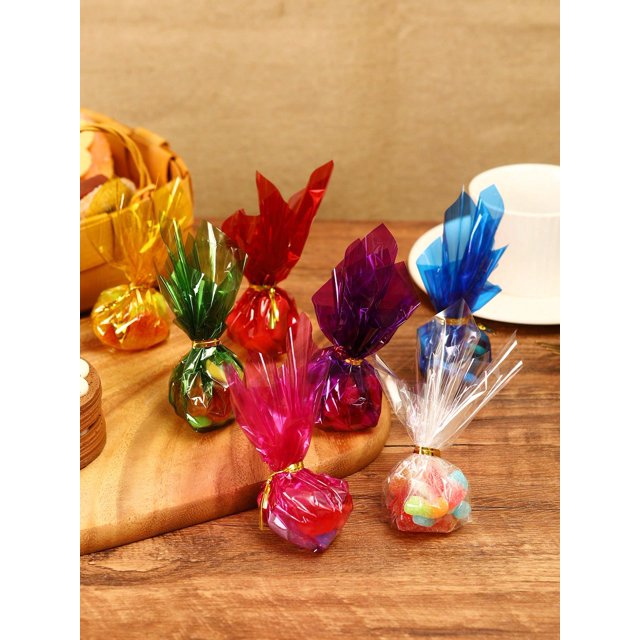 80 Pcs 19 X 19 Cm Colored Transparency Wrapping Paper,Cellophane Wrap Sheets With Twist Ties For Treats Candy,For Gift