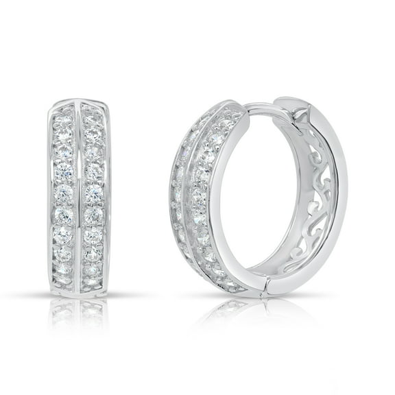 Tilo Jewelry Solid 925 Sterling Silver Double Row Pave Huggie Hoop Earrings with Cubic Zirconia CZ Stones | 17mm Small | Dainty Everyday Earrings for Women & Unisex