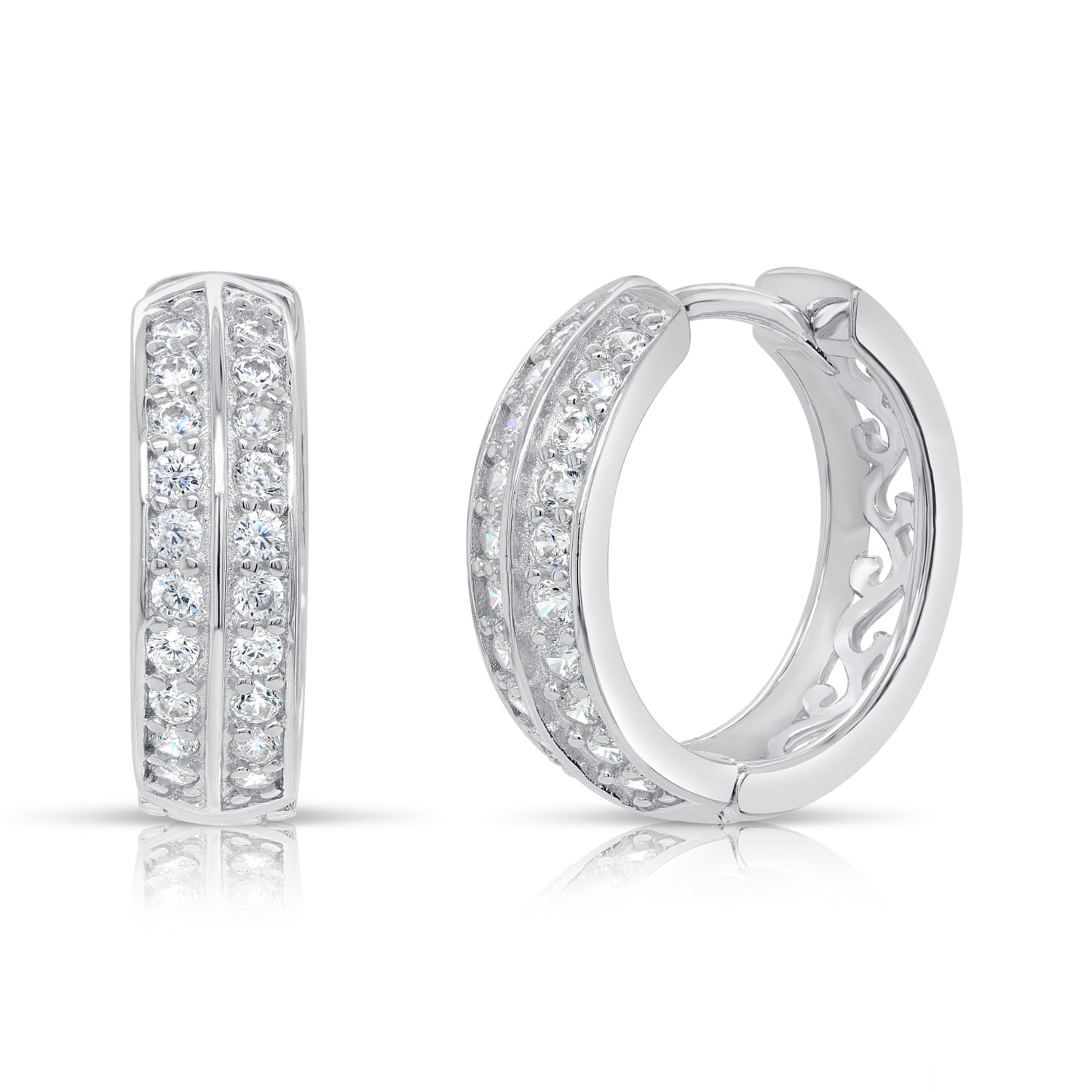 Tilo Jewelry Solid 925 Sterling Silver Double Row Pave Huggie Hoop Earrings with Cubic Zirconia CZ Stones