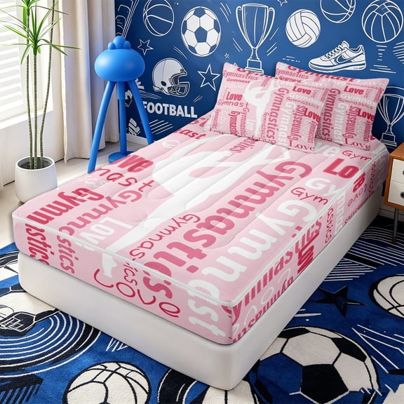 Erosebridal Pink Gymnastics Word Print Zipper Twin Comforter Sets with Fitted Sheet and 2 Pillowcases,Dancer Silhouette Pale Pink Base Accent Zipper Bedding Set,Blush White,4-Piece,Pink Reversible