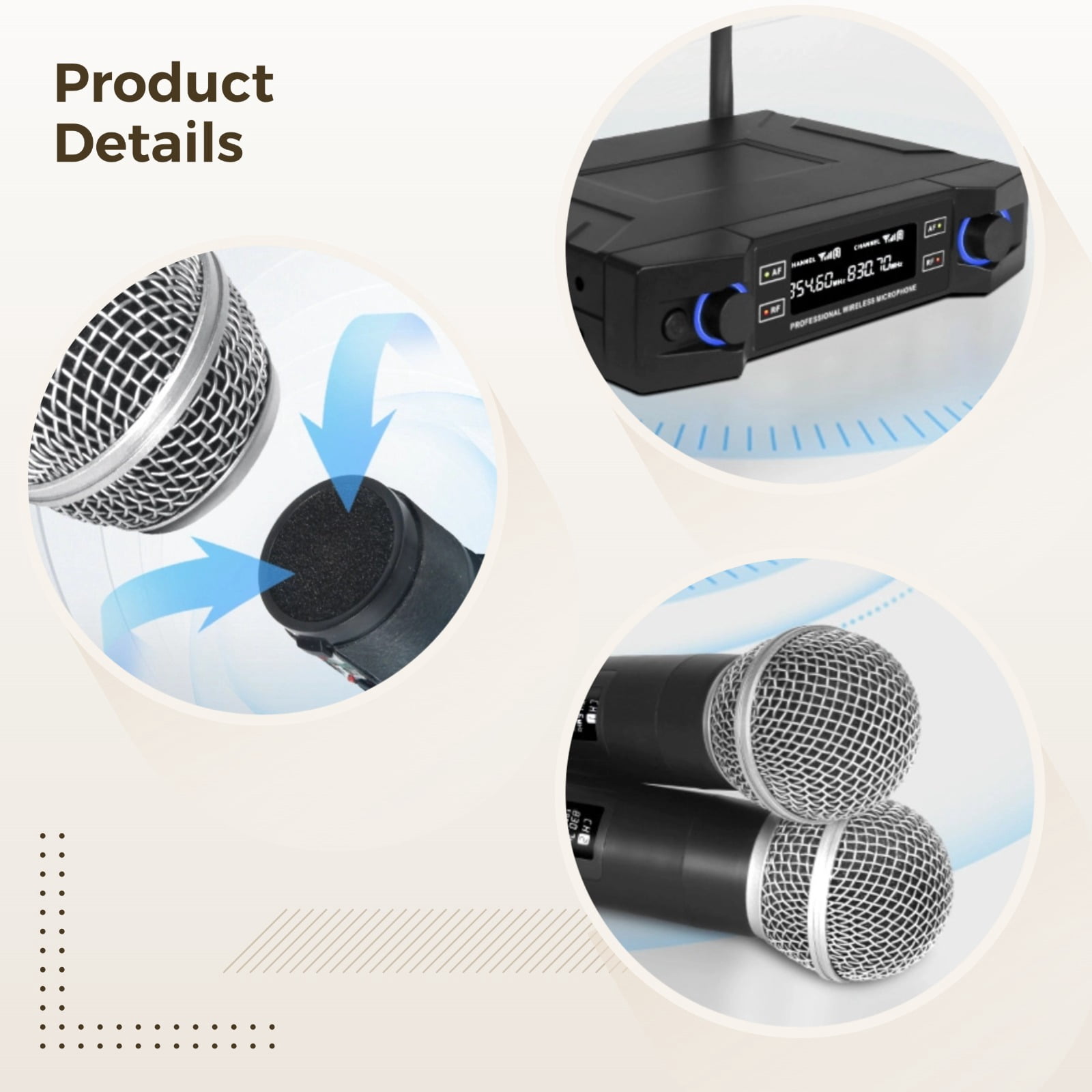 Wireless Microphone with Dual Handheld Mics, No Delay, Noise Reduction, Adjustable Volume, for Karaoke, Stage Performances, and More
