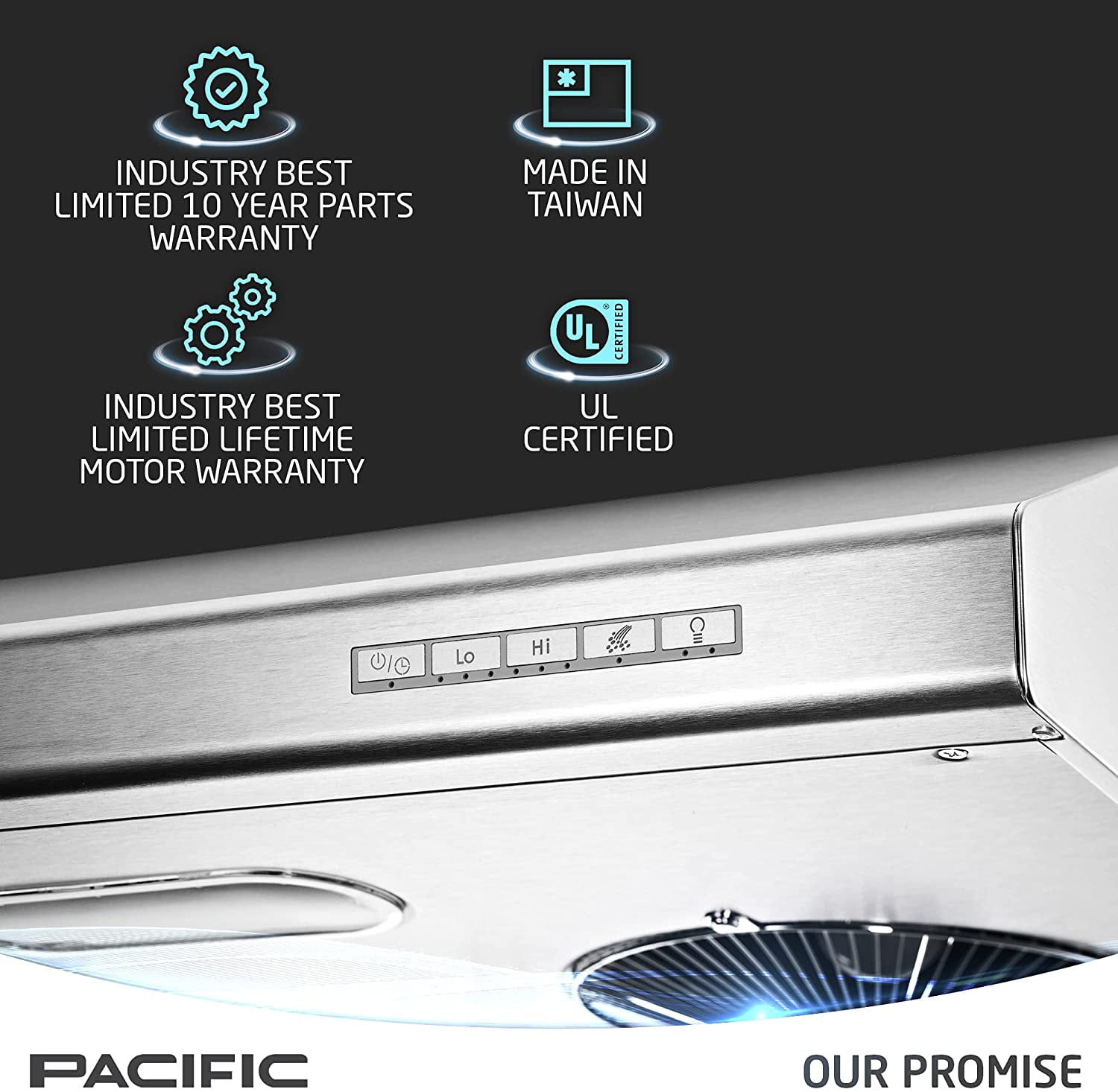 Pacific Kitchen Vent Hood AC3000BS – 30 Inch Under Cabinet Range Hood – Filterless Modern Stainless Steel Hood Vent with 900 CFM Suction, Dual Fans, LED Touch Controls and Auto-Clean Function