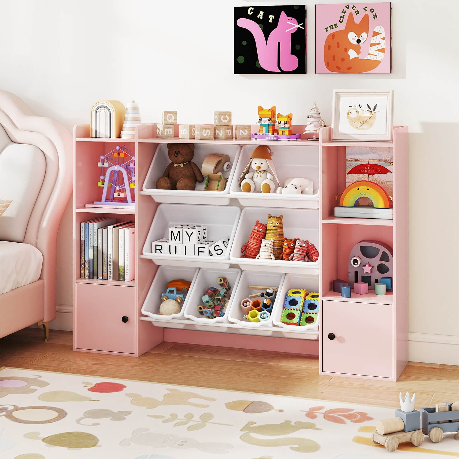 Costway Kids Toy Storage and Bookshelf with 8 Boxes Open Shelves & 2 Single-door Cabinets Pink