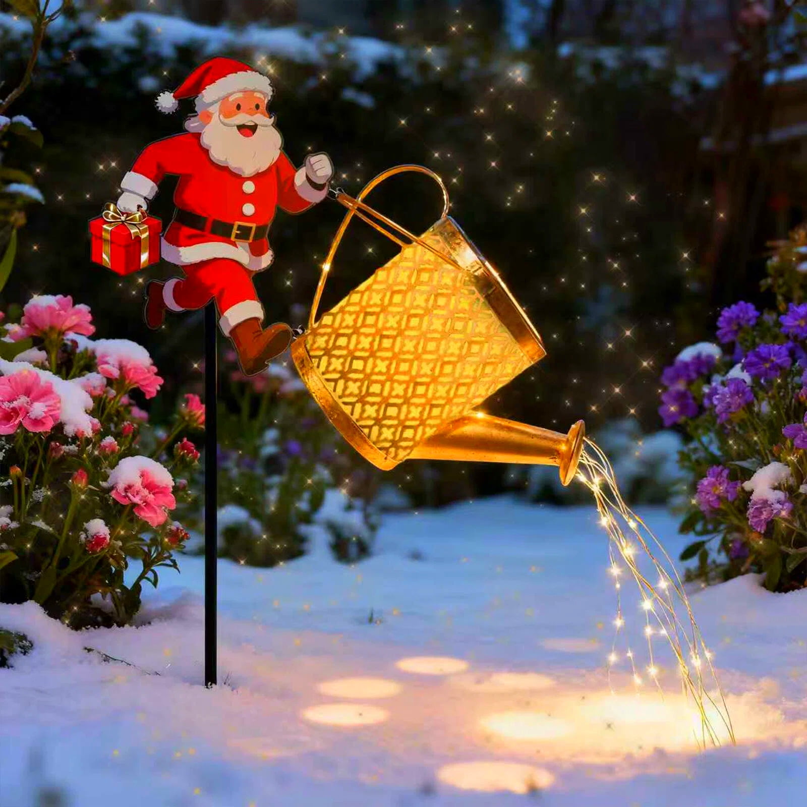 Christmas Gold Solar Running Santa Kettle Lights Garden Lawn Decorative Lights,Garden Solar Watering Can Light Christmas Ground Light Outdoor Xmas Yard Decor Lamp for Outside Gardens Gift Lawn Patio