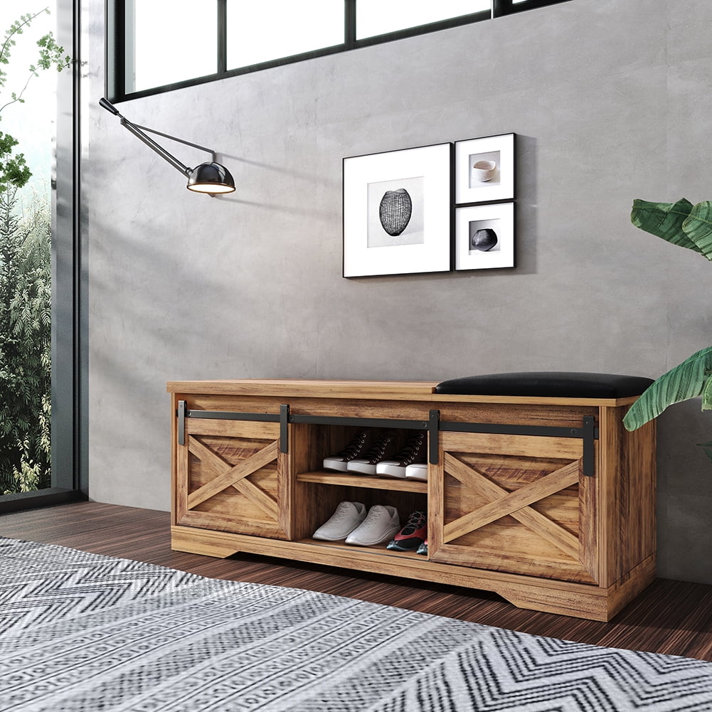 Kadyn 47 Inch Storage Bench, Modern Farmhouse Sliding X Barn Door Litterbox Bench with Entry Cutout and Adjustable Shelves, Shoe Bench for Entryway, Brown Kadyn 47 Inch Storage Bench, Modern Farmhouse Sliding X Barn Door Litterbox Bench with Entry Cutout and Adjustable Shelves, Shoe Bench for Entryway, Brown