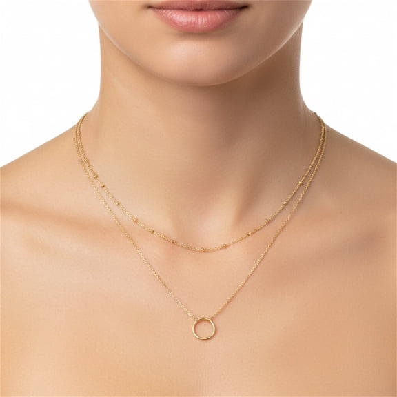 Layered Gold Circle Pendant Necklace for Women, 14K Gold Plated, Double Layer Design, 16" 2" and 18" 2" Adjustable Chains