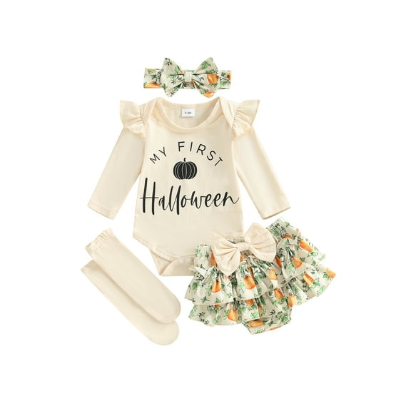 BemeyourBBs Halloween Girls Clothes Letter Print Romper and Skort Headband Socks