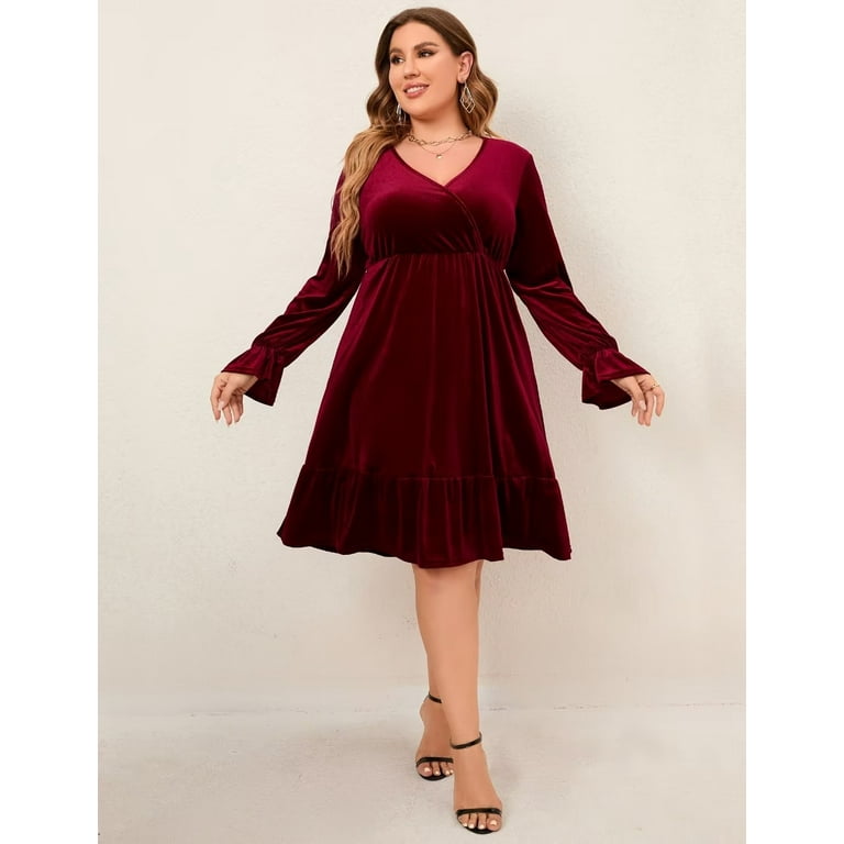 Women s Plus Size V Neck Velvet Dress Solid Simple Loose Midi
