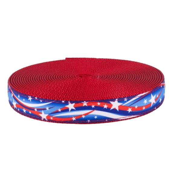 Country Brook Design® 3/4 inch Star Spangled on Red Nylon Webbing, 50 Yards