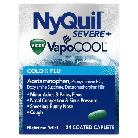 NyQuil SEVERE with Vicks VapoCOOL Cough, Cold & Flu Relief, 24 Caplets - Relieves Nighttime Sore Throat, Fever, and
