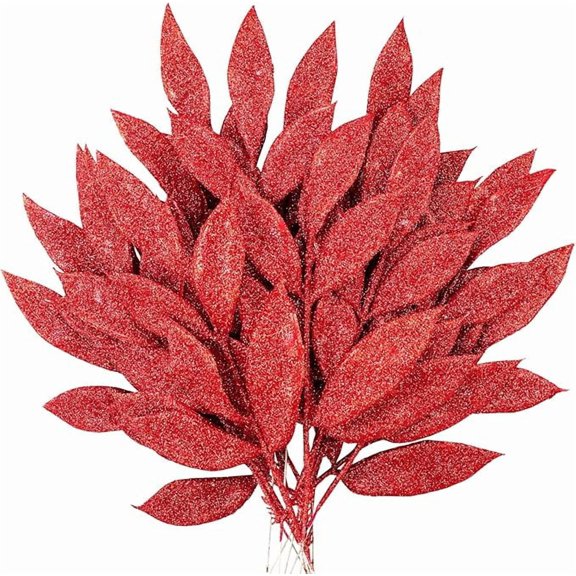 Zukuco 20 Pieces Red Glittered Artificial Leaf Spray Picks 12" Tall for Christmas Winter Wedding Wreath Tree Floral Arrangment Vase Bouquets Table Centerpieces Decoration