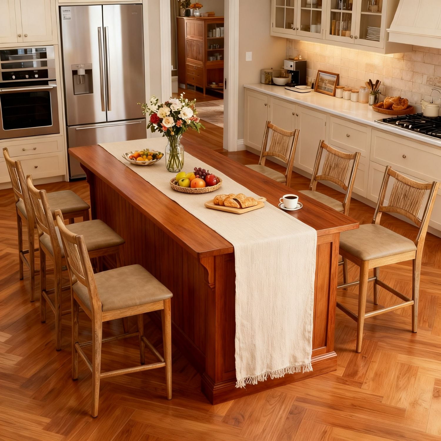 Dayalane Farmhouse Bar Stools Set of 6, 25.5" Counter Height Bar Stools with Paper Cord Woven Back Solid Wood Frame, PU Leather Upholstered Kitchen Island Chairs for Dining Room Home Bar, Brown
