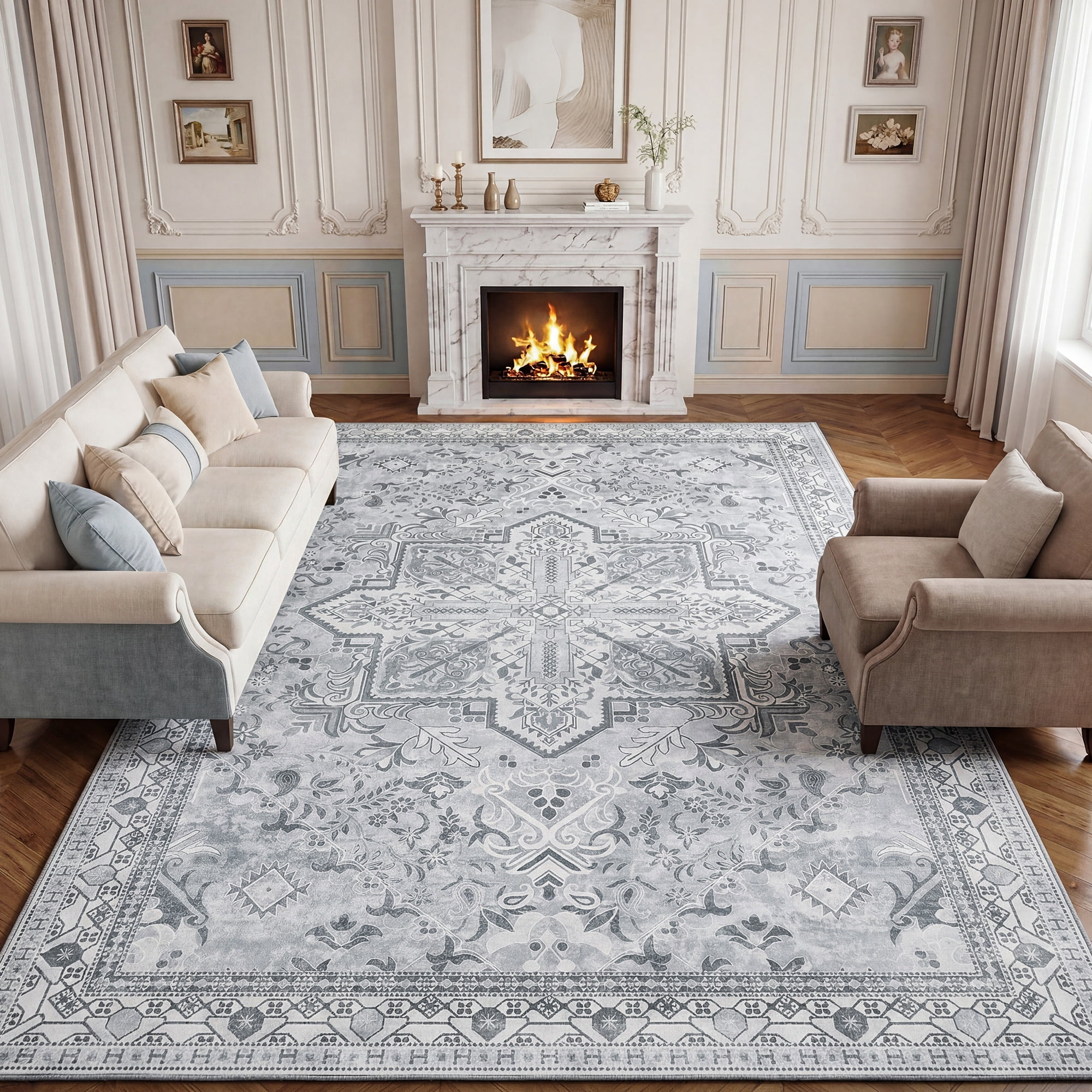 Lalado 8ft x 10ft Area Rugs for Living Room Washable Rugs Boho Floral Carpet Soft Low Pile Non-Slip Rug for Bedroom Dining Room Indoor Vintage Home Decor, Gray