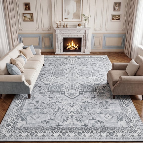 Lalado 8ft x 10ft Vintage Area Rugs, Washable Area Rugs for Living Room Bedroom Kitchen Indoor Boho Home Decor, Soft Low Pile Non-Slip Carpet, Gray