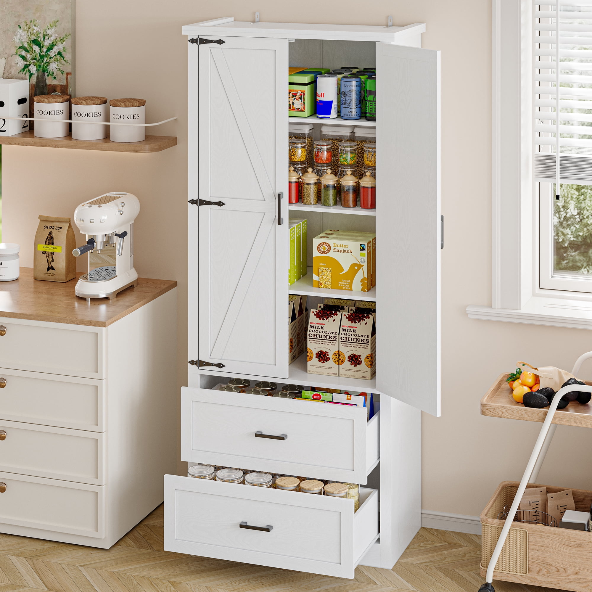 Pantry Organizers and Storage Cabinet, 71'' Barn Door Kitchen Cabinet with Drawers and Adjustable Shelf, Tall Pantry for Kitchen, Dining Room, Living Room. Bathroom and Office