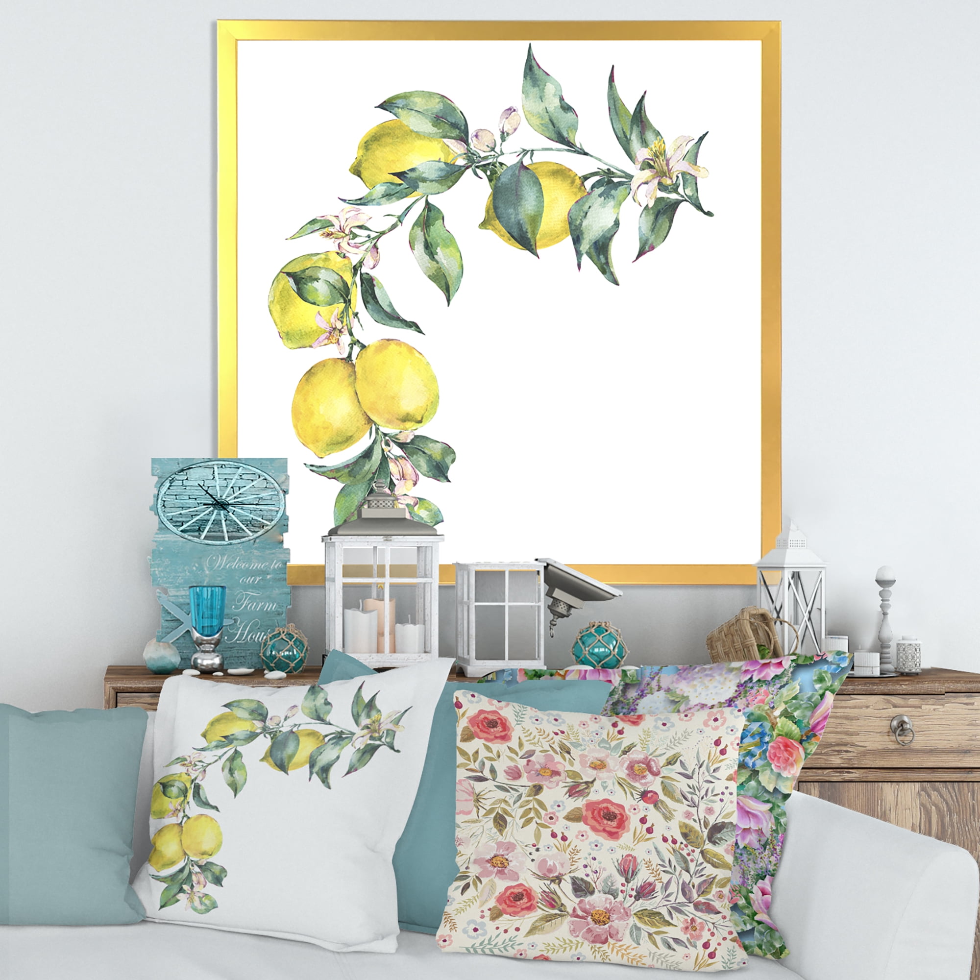 Designart 'Branch of Leaves and Yellow Lemons II' Tropical Framed Art Print