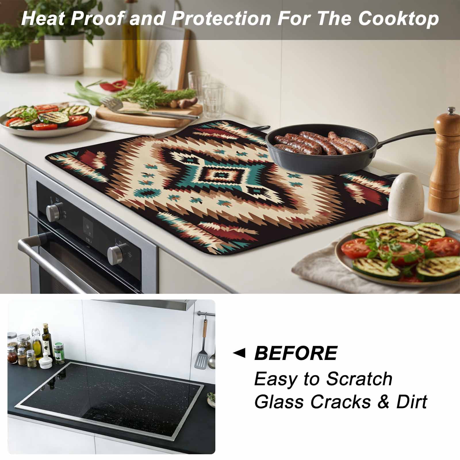 Brown Teal Red Boho Stove Top Cover for Electric Stove, Heat-proof & Non Slip Glass Top Stove Cover Protector, Southwestern Vintage Geometric Art Kitchen Flat Cooktop Rubber Mat 24x21 Inches