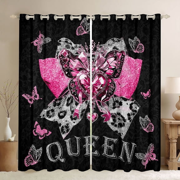 jejeloiu Pink Sequin Print Black Out Curtains,3D Diamond Butterflies Curtains Pack of 2 (42x63 Each),Leopard Print Bowtie Bedroom Curtains For Girls,Ultra Soft Home Decor