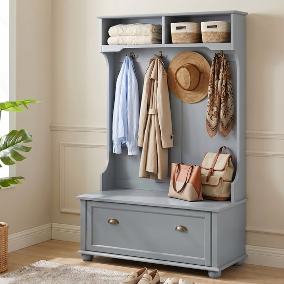 Hall Tree with Bench and Shoe Storage, 4-in-1 Entryway Bench with Coat Rack, Open Shelves, Shoe Cabinets and 4 Coat Hooks, Gray