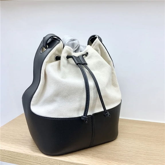 Casual Canvas Bucket Bag for Women Designer Drawstring Handbags Luxury Pu Leather Patchwork Shoulder Crossbody Bags Large Totes
