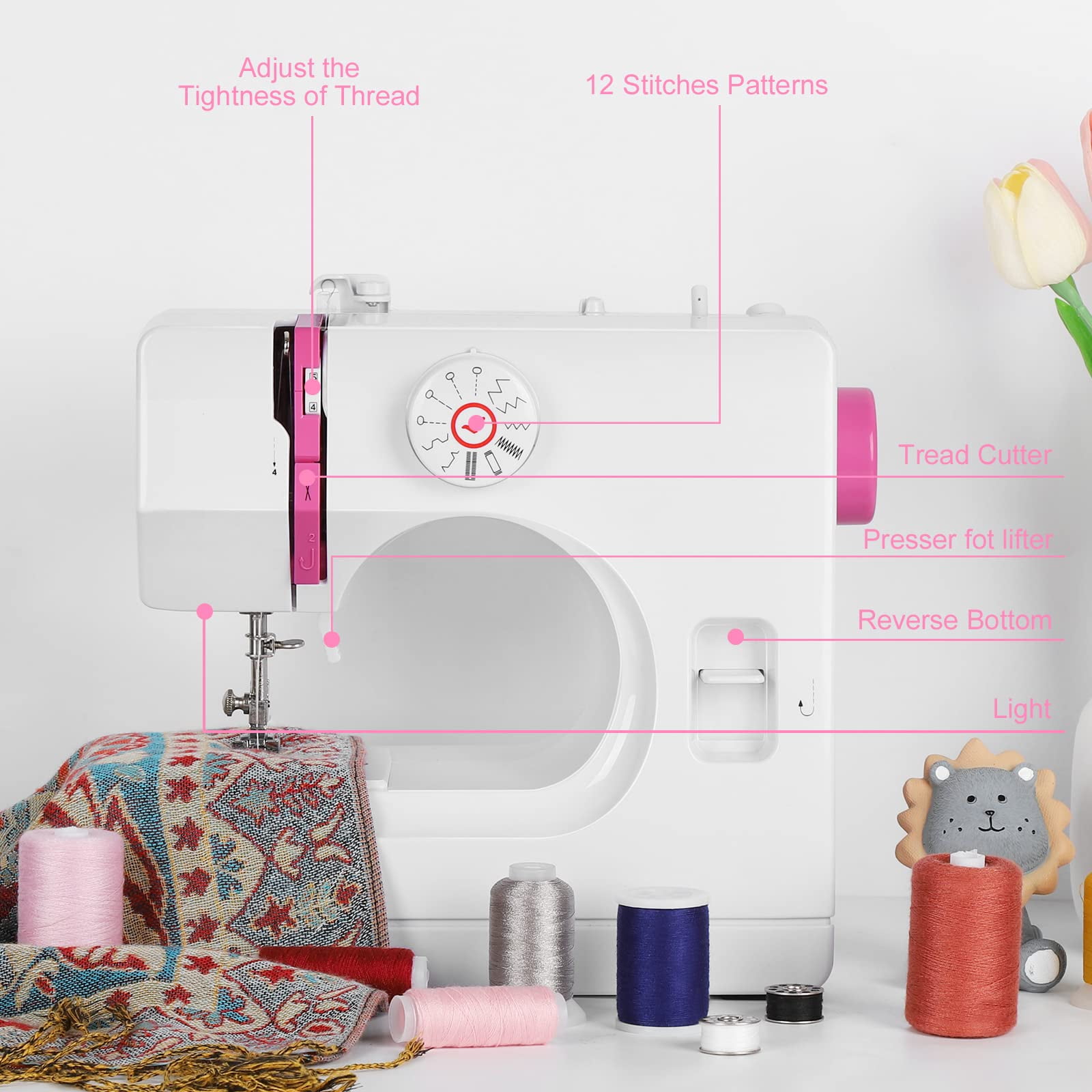 Mini Sewing Machine for Beginners, Electric Portable Small Sewing Machine with 12 Built-In Stitches Reverse Sewing Adjustable Speed LED Light Foot Pedal Heavy Duty Household Mending Stitching Machine