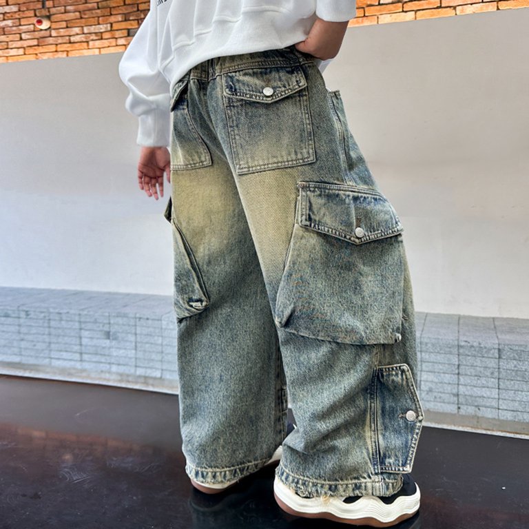 KAUOD Boys Y2k Hip Hop Baggy Jeans Wide Leg Elastic Waist Denim