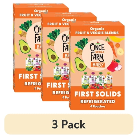 (3 pack) Once Upon a Farm Organic Refrigerated Baby Food Fruit & Veggie Blends Starting Solids Variety Pack, 3.2oz Pouch (4 Pack)