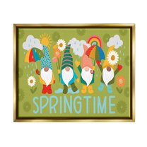 Springtime Rainy Garden Gnomes Holiday Graphic Art Metallic Gold Framed Art Print Wall Art