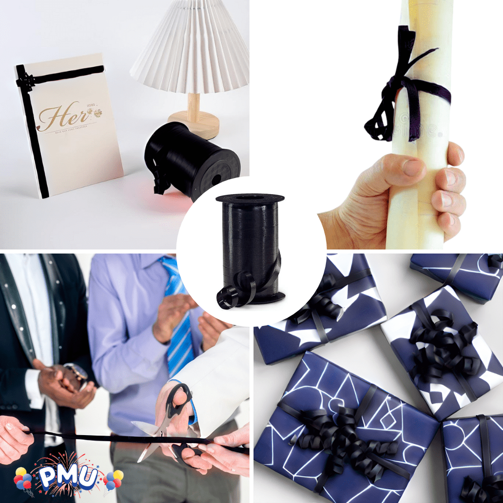 PMU 1500 Yards x 3/8in Black Crimped Curling Ribbon String for Gift Wrapping Ribbon Balloon String Birthday Celebration Party Presents Decor, Festival Art Craft Accessories (6-250 Yard Rolls)