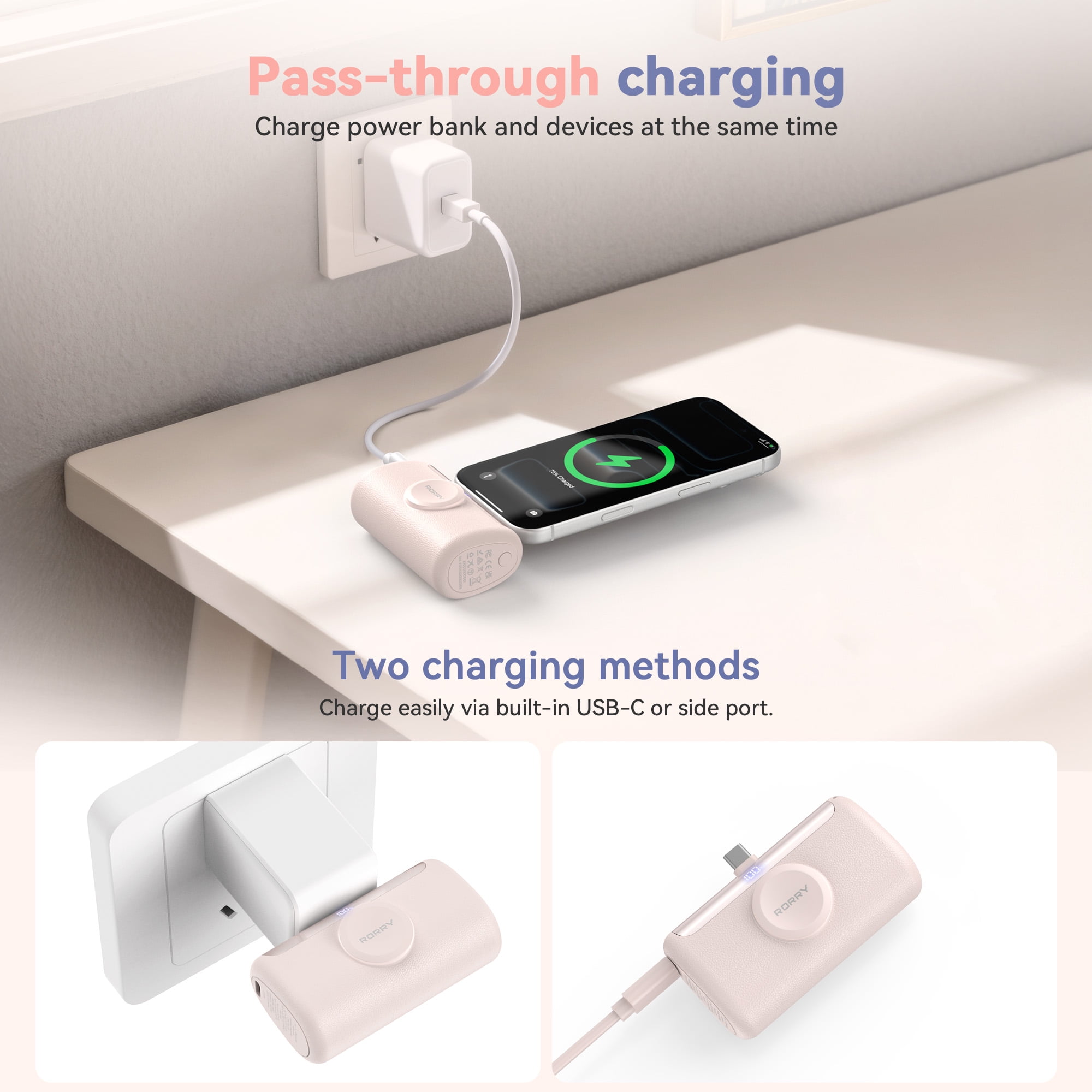 RORRY 10000mAh Portable Charger, 22.5W PD Fast Charging Power Bank with Built-in USB-C Cable, Mini Apple Watch & Phone Charger for iPhone 17/16/15, AirPod, Samsung– Pink