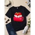 thumbnail image 1 of Camiseta de manga corta con cuello redondo de mezcla de algodón con estampado de postre de fresa en 3D para niños de 12 años o menos - Top de punto informal de verano con ligero estiramiento para, 1 of 6