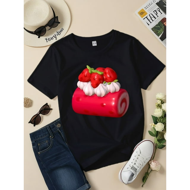 Camiseta de manga corta con cuello redondo de mezcla de algodón con estampado de postre de fresa en 3D para niños de 12 años o menos - Top de punto informal de verano con ligero estiramiento para