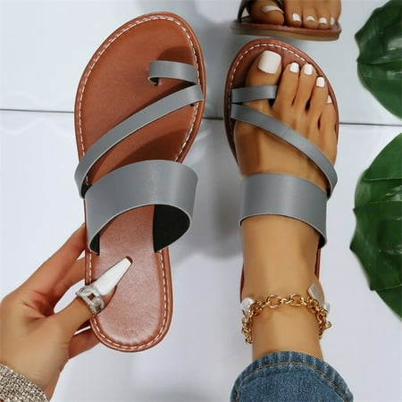 

GHPKS Women s Sandals with Flip-Flops Ring Flat PU Leather Casual Slippers for Women & Ladies Open-Toe Flip Flops for Summer Beach Long Walks or Poolside