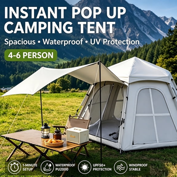 Golyzmt 4-6 Person Instant Pop Up Camping Tent with Awning, Automatic Setup Family Tent, UPF50 Waterproof Outdoor Tent with Full Mesh Windows, Windproof Shelter for Beach, Backyard and Camping