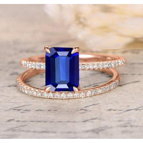 2 Carat Blue Sapphire 7x5mm Emerald Cut And Moissanite Diamond Bridal Set in 10k Rose Gold